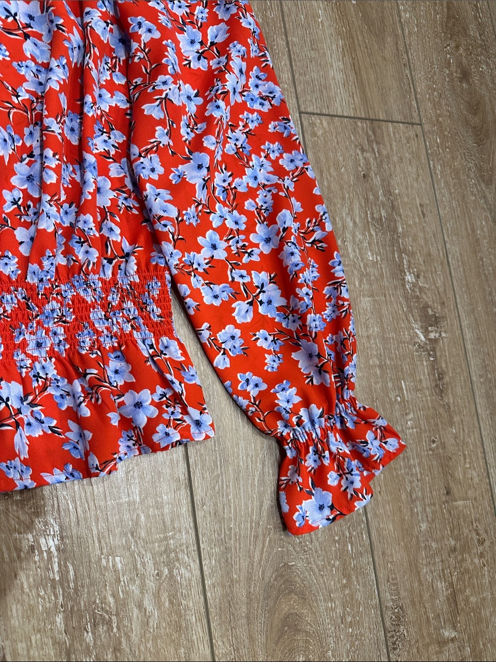 Ann Taylor Smocked Red and Blue Floral Blouse Size S - Picture 5 of 7